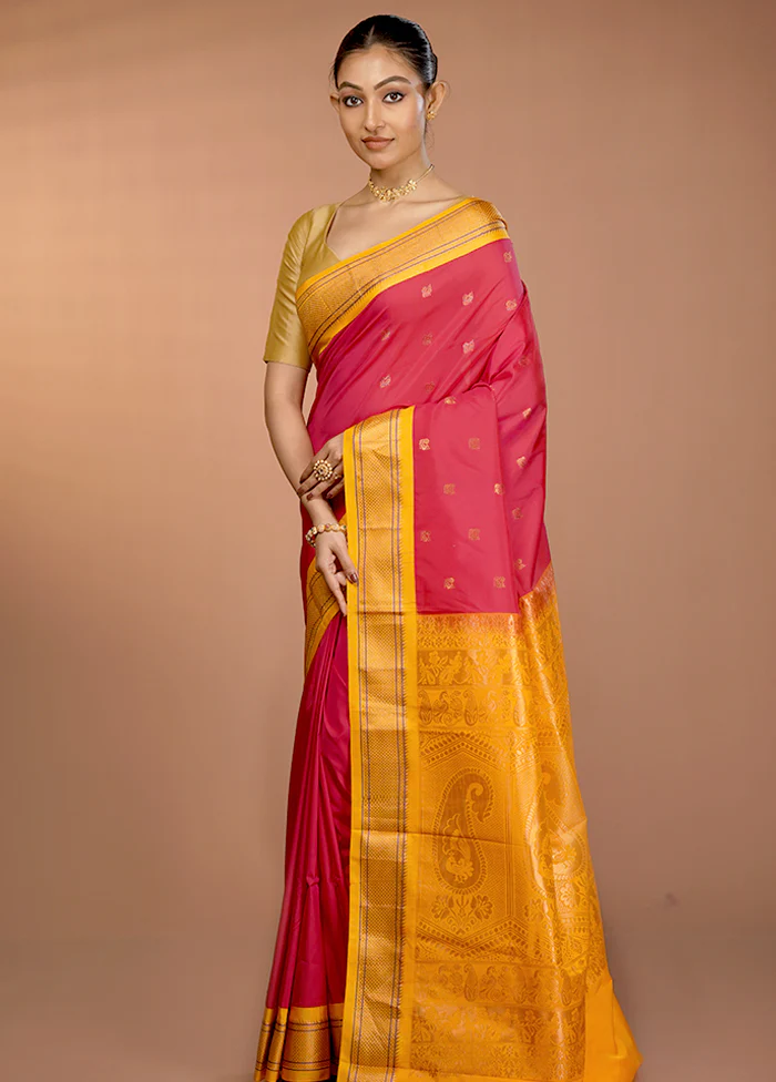 Pink Kanjivaram Silk Saree With Blouse Piece - Image 4