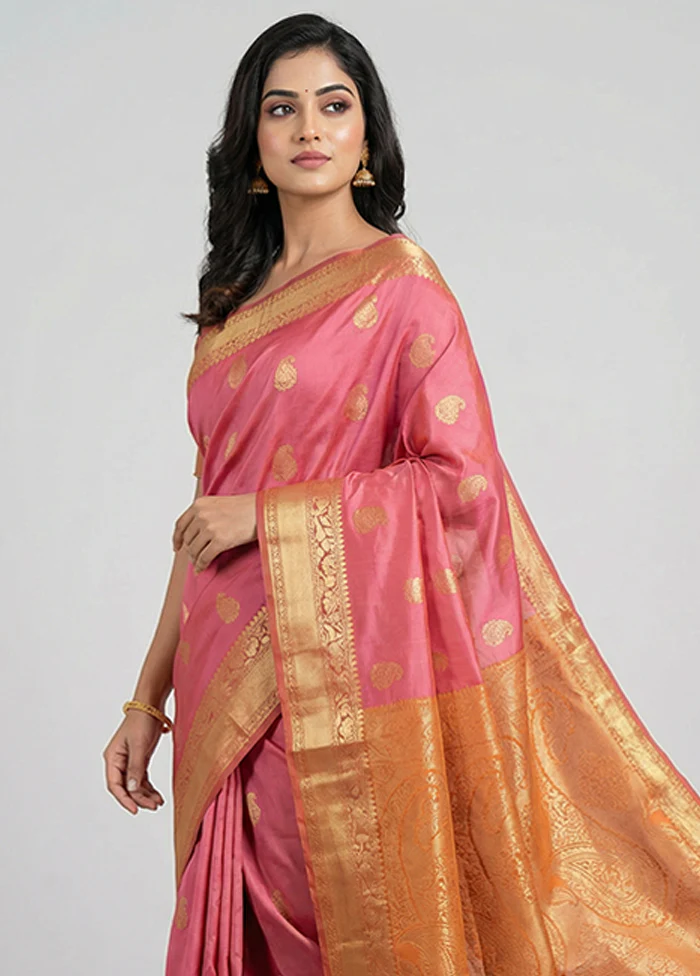 Pink Kanjivaram Silk Saree With Blouse Piece - Image 2