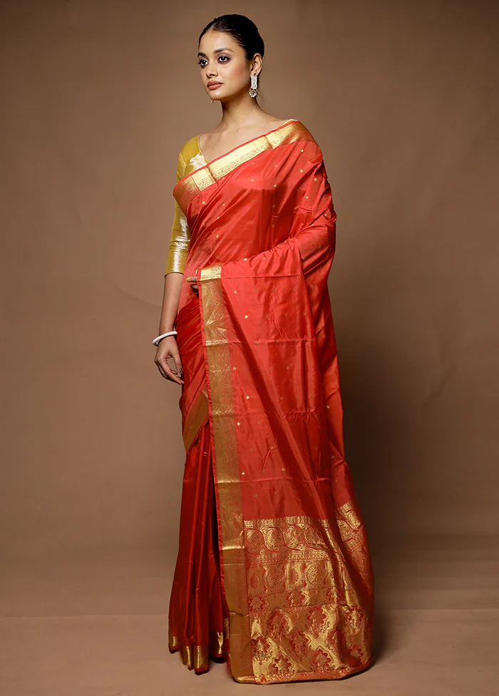 Orange Kanjivaram Silk Saree With Blouse Piece - Image 4