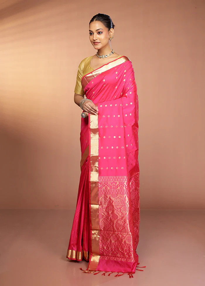 Pink Kanjivaram Silk Saree With Blouse Piece - Image 4
