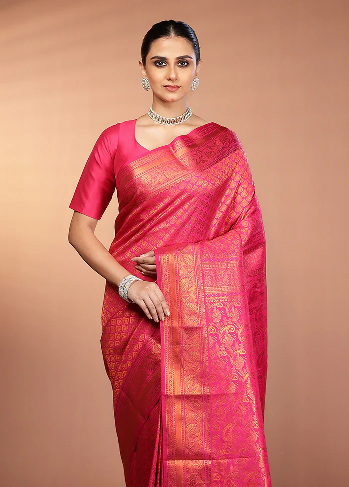 Pink Kanjivaram Silk Saree With Blouse Piece