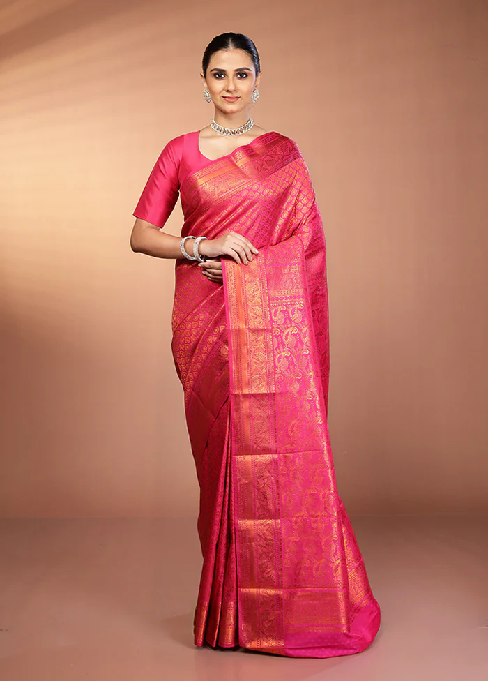 Pink Kanjivaram Silk Saree With Blouse Piece - Image 2