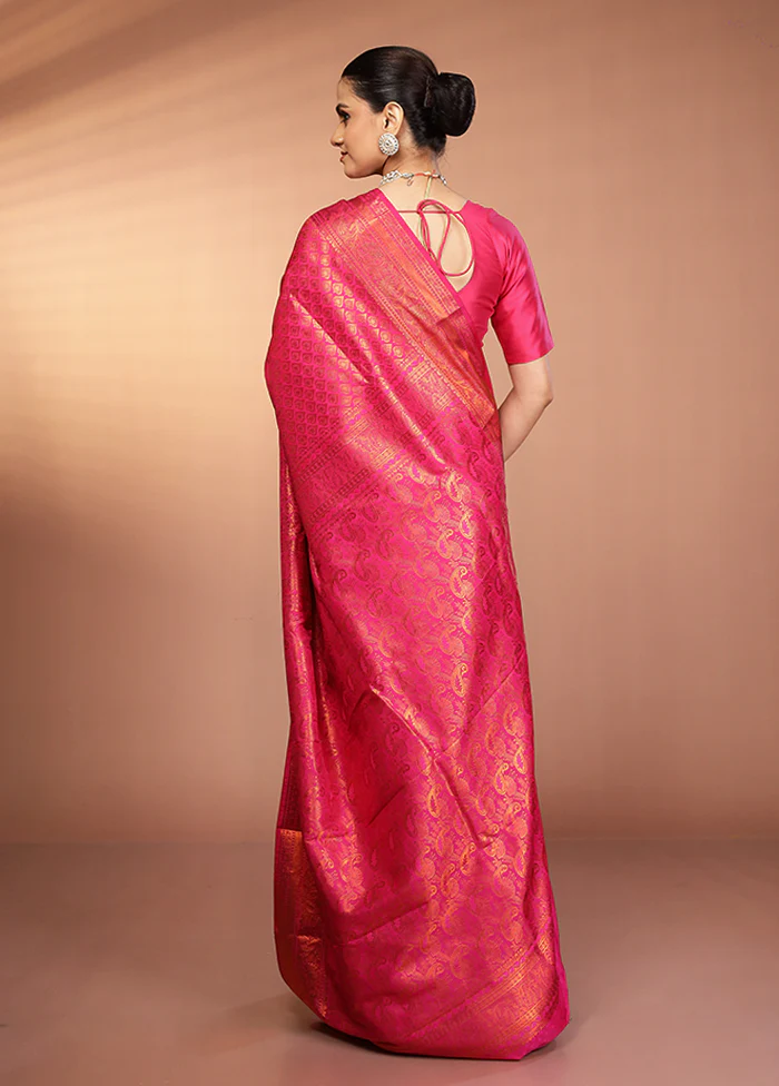 Pink Kanjivaram Silk Saree With Blouse Piece - Image 3