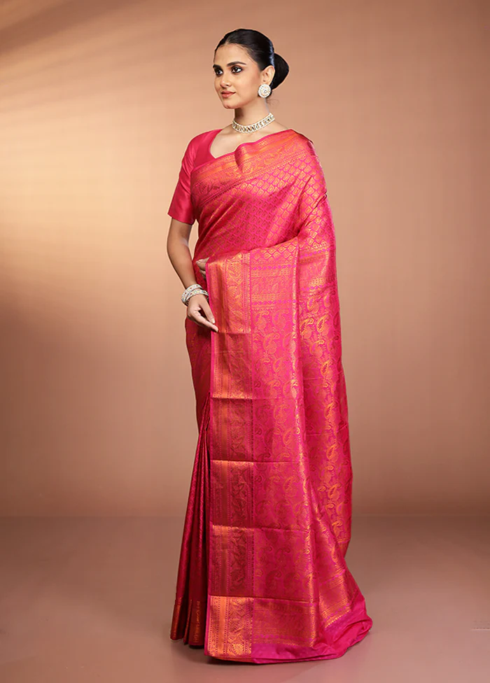 Pink Kanjivaram Silk Saree With Blouse Piece - Image 4