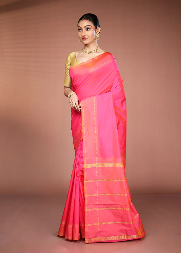 Pink Kanjivaram Silk Saree With Blouse Piece - Image 4