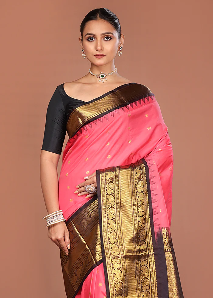 Pink Kanjivaram Silk Saree With Blouse Piece