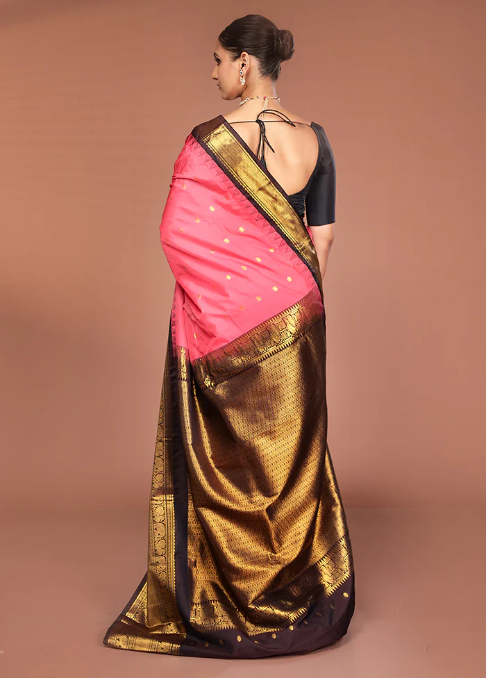 Pink Kanjivaram Silk Saree With Blouse Piece - Image 3