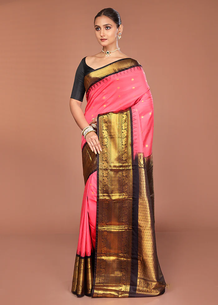 Pink Kanjivaram Silk Saree With Blouse Piece - Image 4
