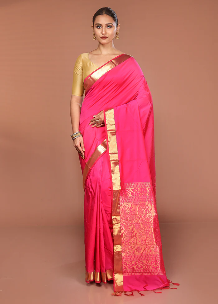 Pink Kanjivaram Silk Saree With Blouse Piece - Image 2