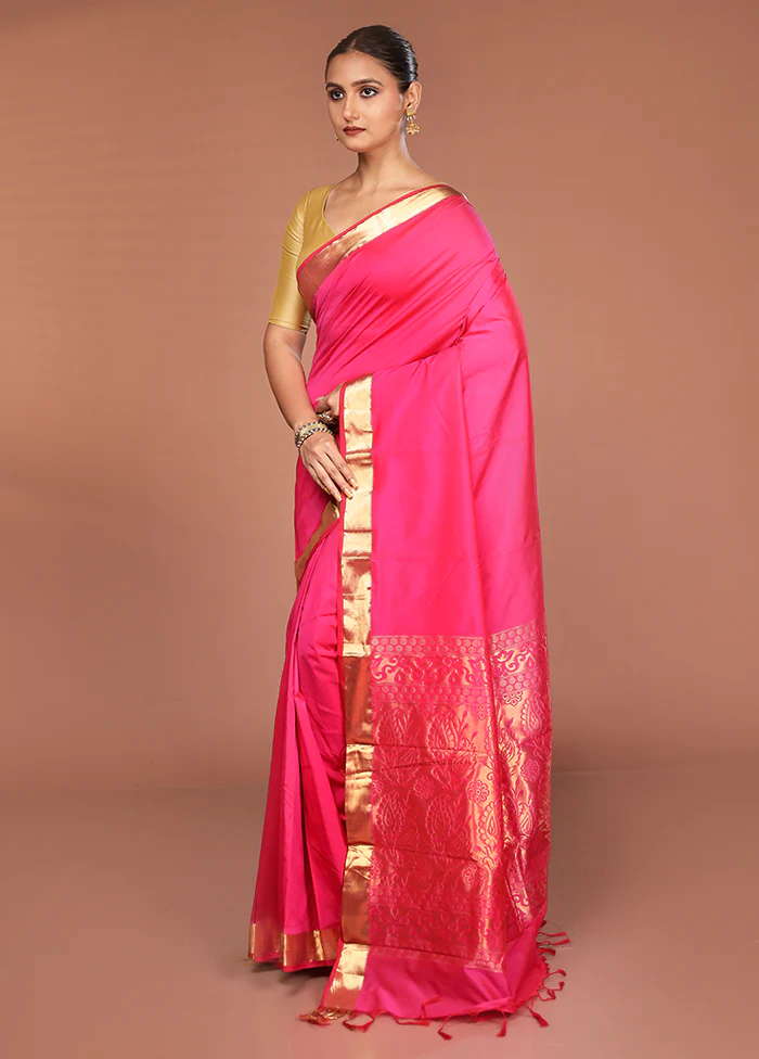Pink Kanjivaram Silk Saree With Blouse Piece - Image 4