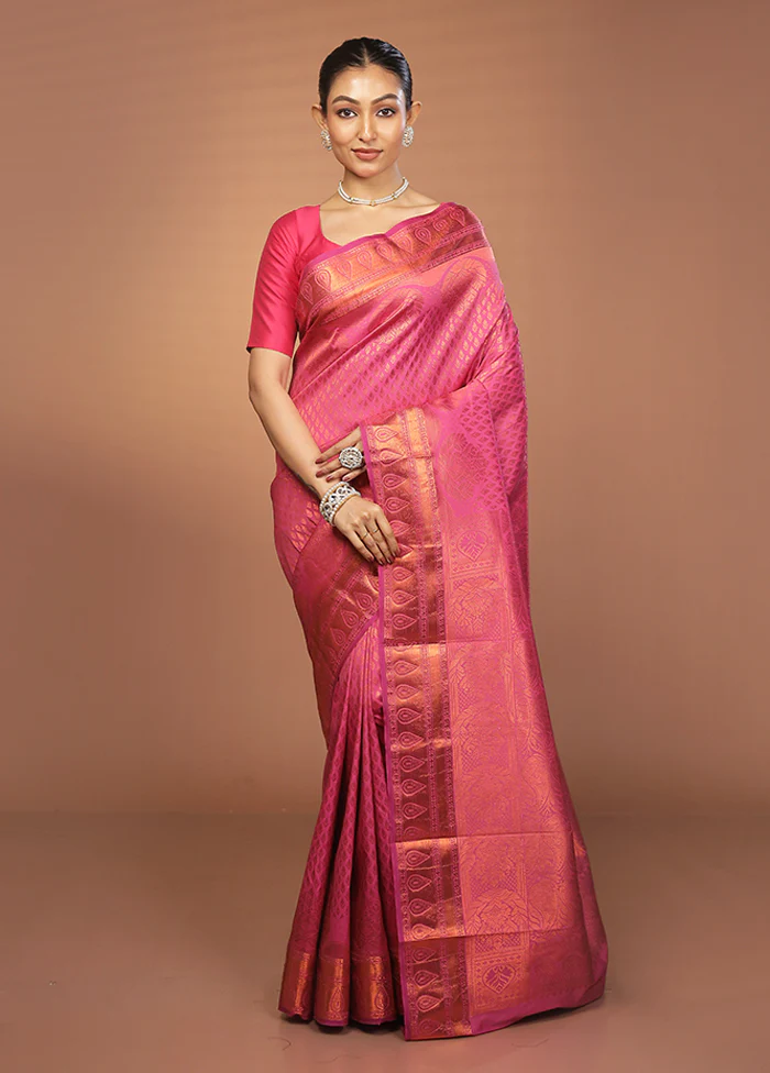 Pink Kanjivaram Silk Saree With Blouse Piece - Image 2