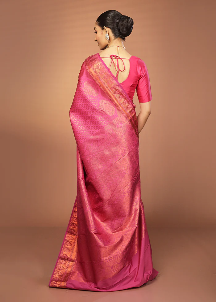 Pink Kanjivaram Silk Saree With Blouse Piece - Image 3