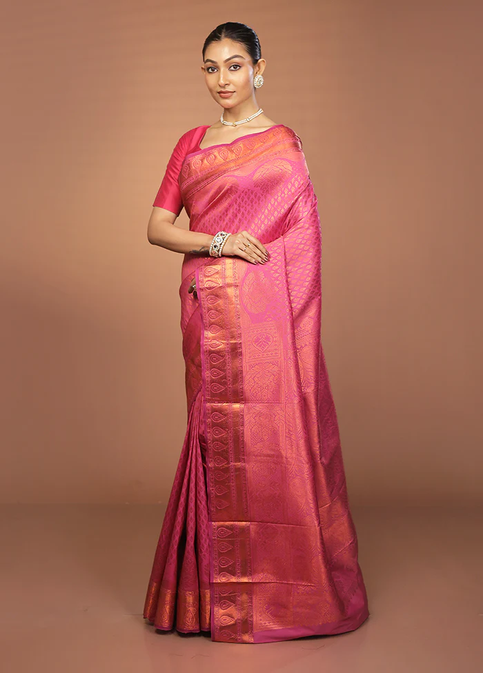 Pink Kanjivaram Silk Saree With Blouse Piece - Image 4