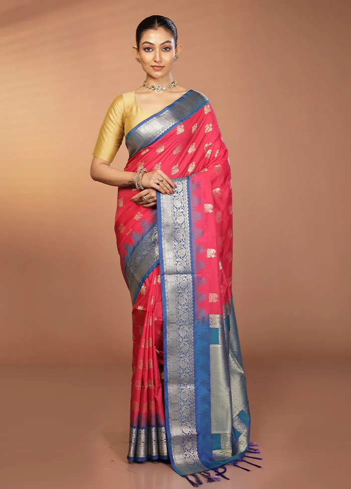 Pink Kanjivaram Silk Saree With Blouse Piece - Image 2