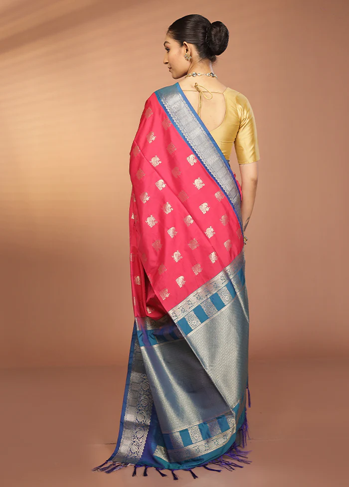 Pink Kanjivaram Silk Saree With Blouse Piece - Image 3