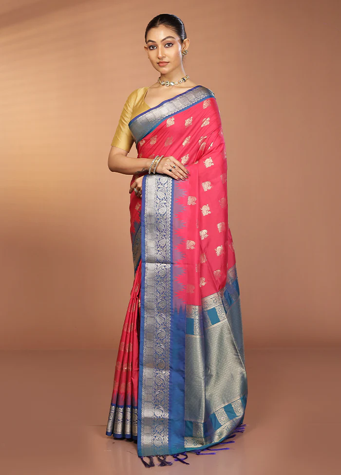 Pink Kanjivaram Silk Saree With Blouse Piece - Image 4