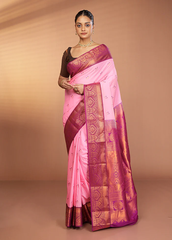 Pink Kanjivaram Silk Saree With Blouse Piece - Image 2