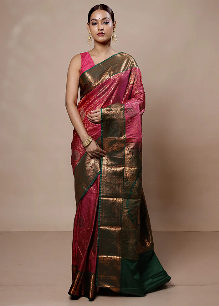 Pink Kanjivaram Silk Saree With Blouse Piece - Image 2