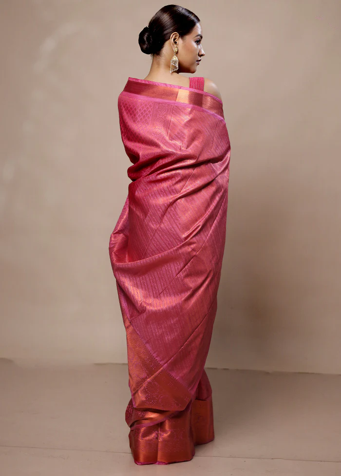 Pink Kanjivaram Silk Saree With Blouse Piece - Image 3