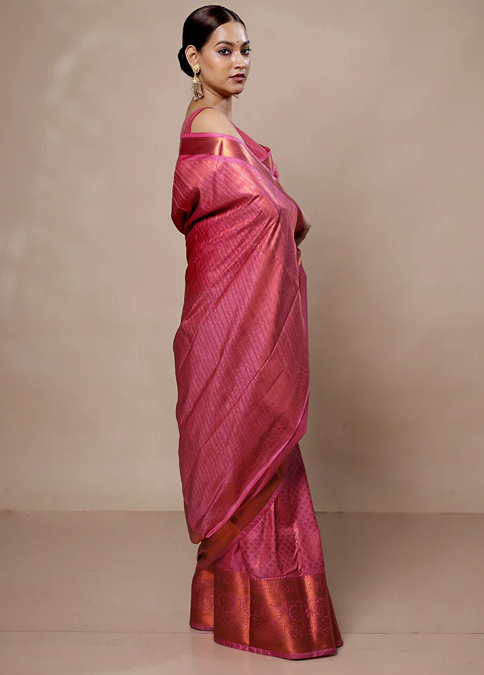 Pink Kanjivaram Silk Saree With Blouse Piece - Image 4