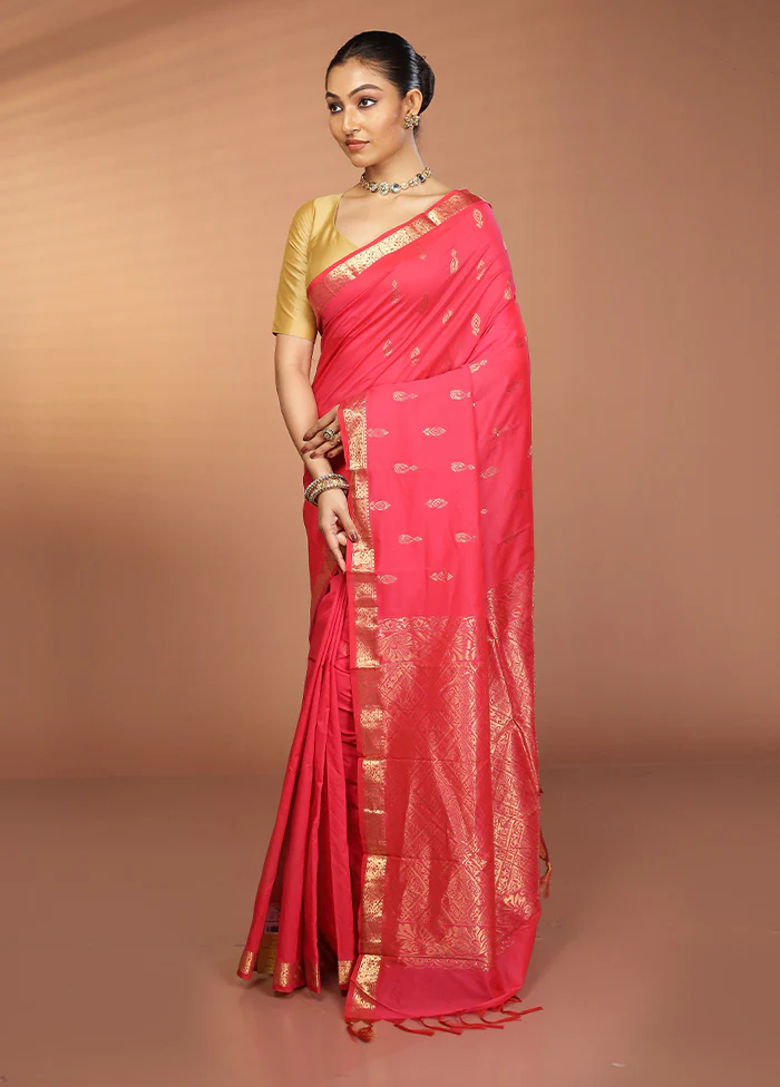 Pink Kanjivaram Silk Saree With Blouse Piece - Image 4