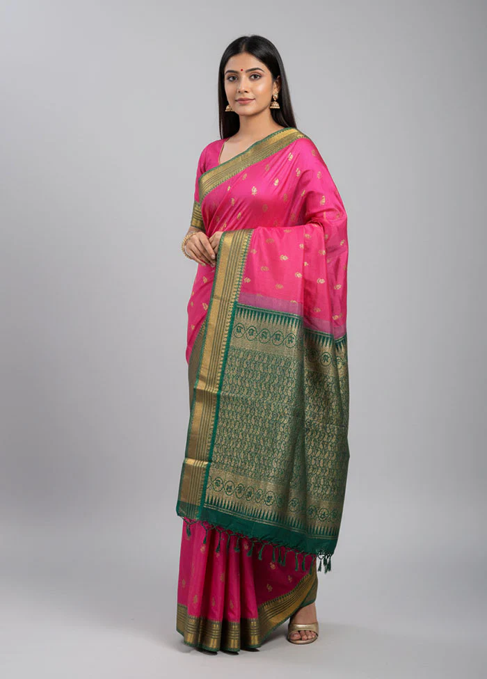 Pink Kanjivaram Silk Saree With Blouse Piece