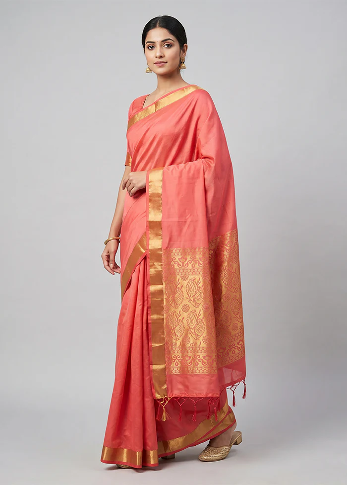 Pink Kanjivaram Silk Saree With Blouse Piece