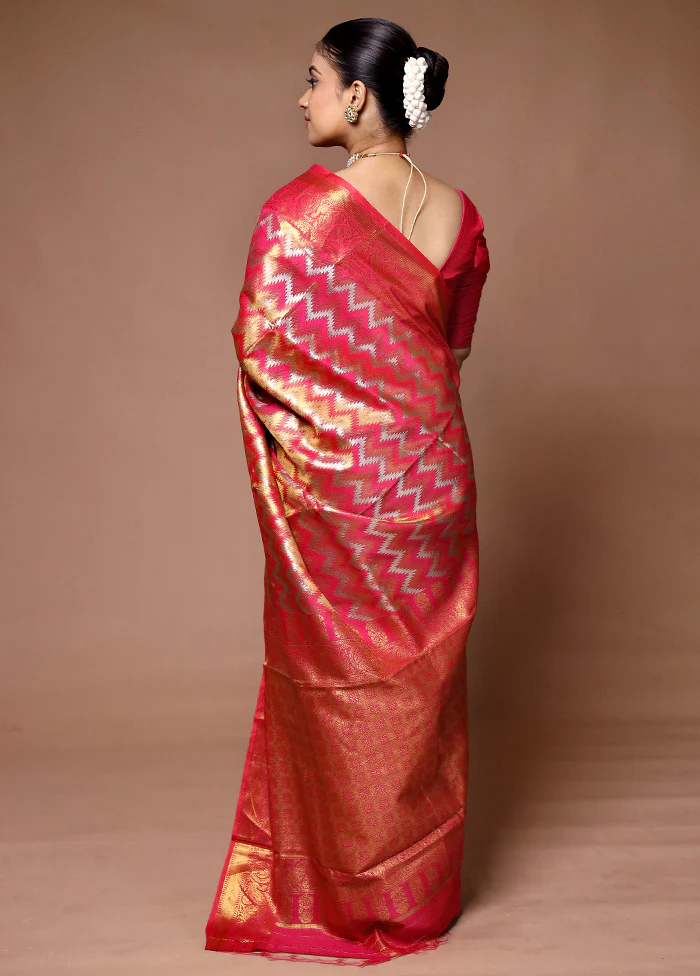 Pink Kanjivaram Silk Saree With Blouse Piece - Image 3