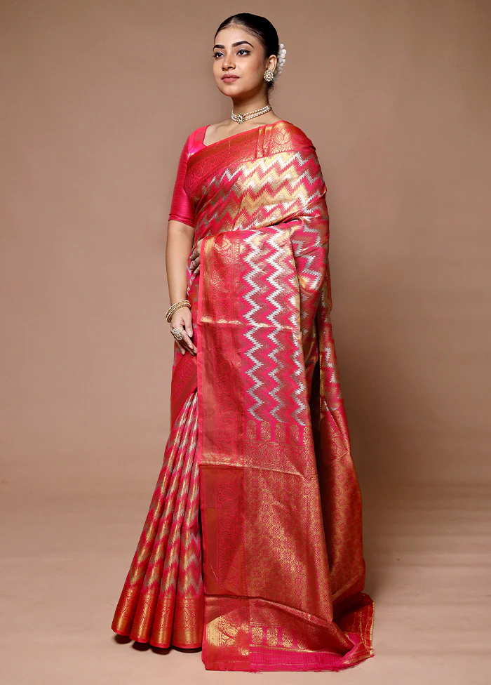 Pink Kanjivaram Silk Saree With Blouse Piece - Image 4