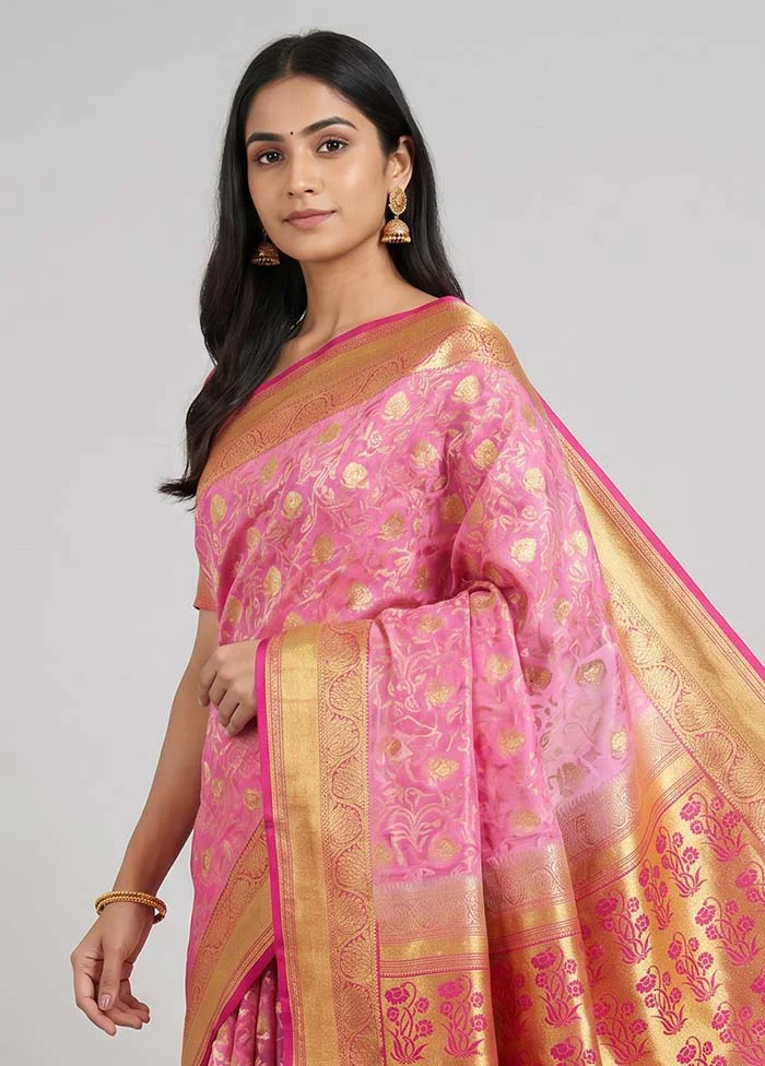 Pink Kanjivaram Silk Saree With Blouse Piece - Image 2