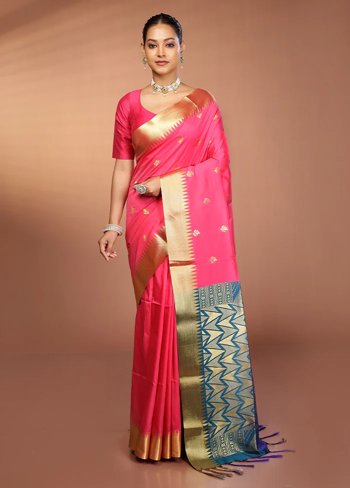 Pink Kanjivaram Silk Saree With Blouse Piece - Image 2