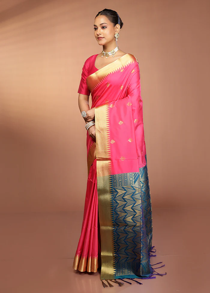 Pink Kanjivaram Silk Saree With Blouse Piece - Image 4