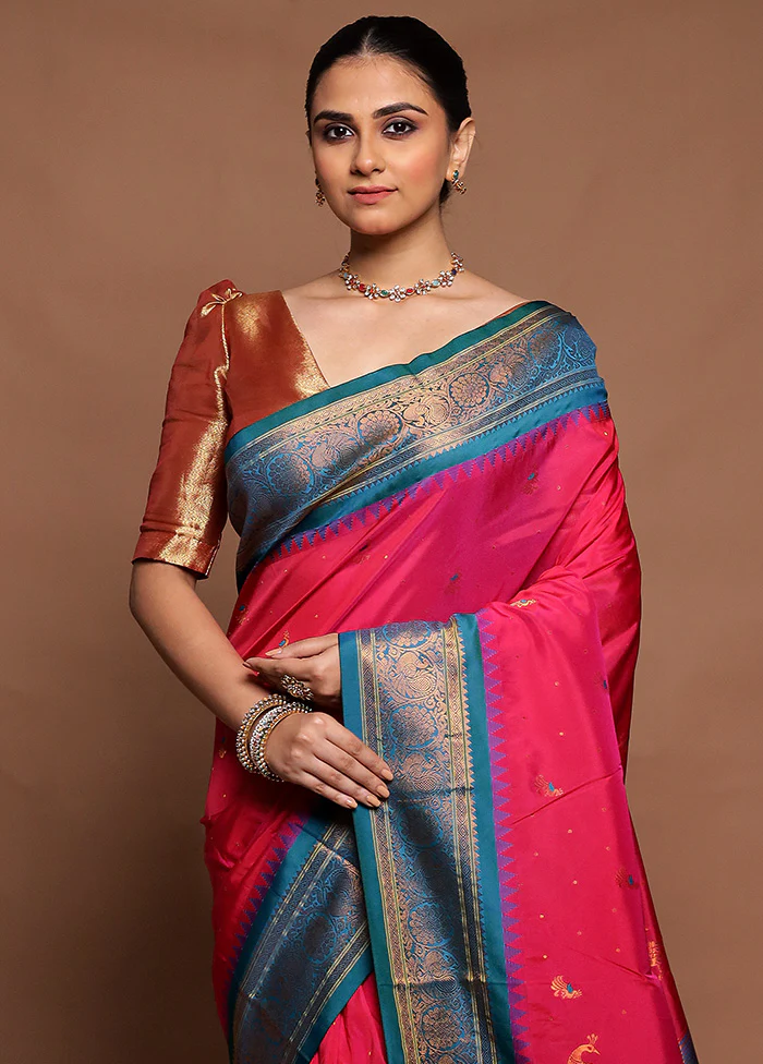 Pink Kanjivaram Silk Saree With Blouse Piece - Image 2