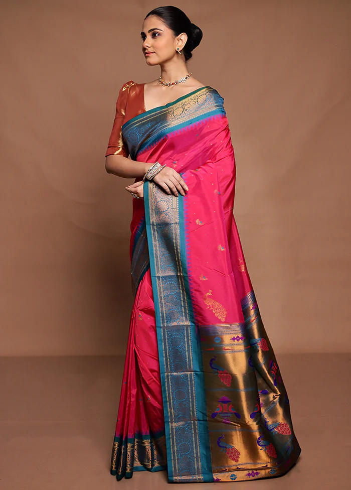 Pink Kanjivaram Silk Saree With Blouse Piece - Image 4