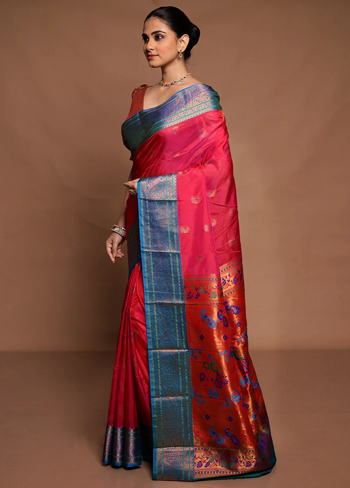 Pink Kanjivaram Silk Saree With Blouse Piece - Image 4