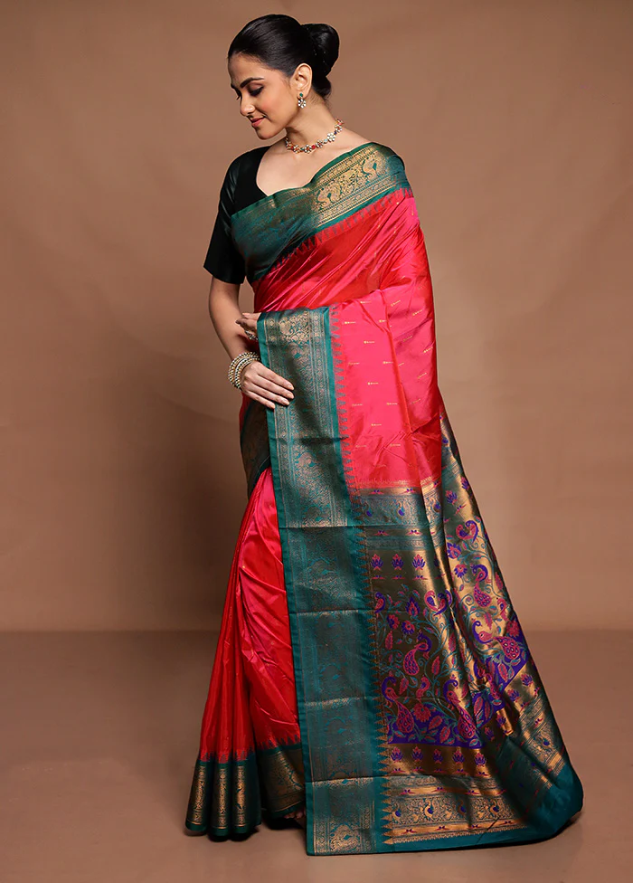 Pink Kanjivaram Silk Saree With Blouse Piece - Image 4