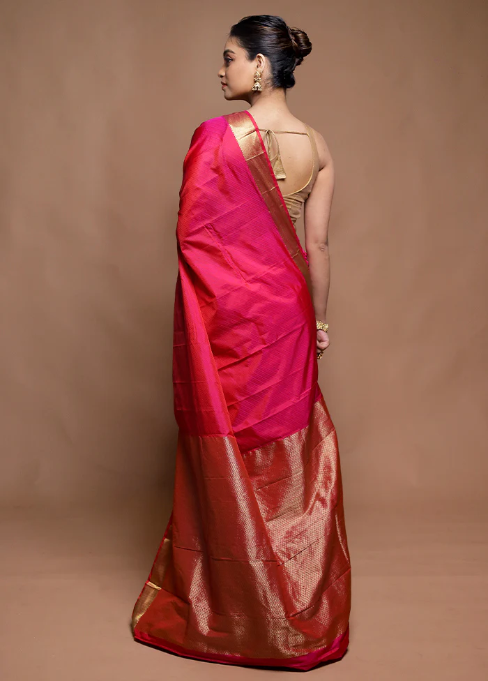 Pink Kanjivaram Silk Saree With Blouse Piece - Image 3
