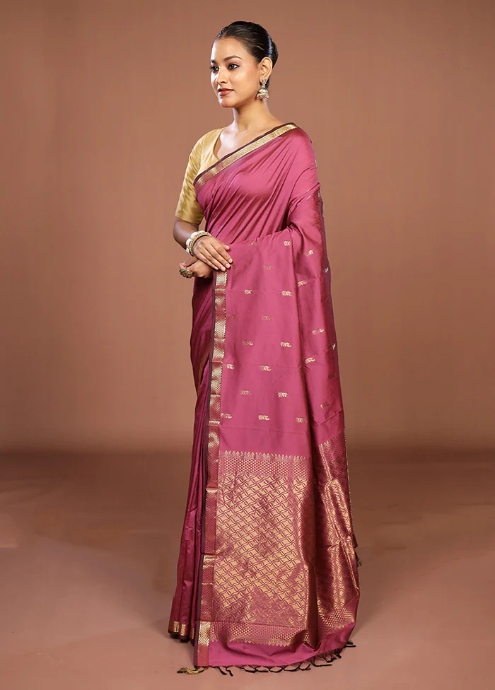 Pink Kanjivaram Silk Saree With Blouse Piece - Image 4