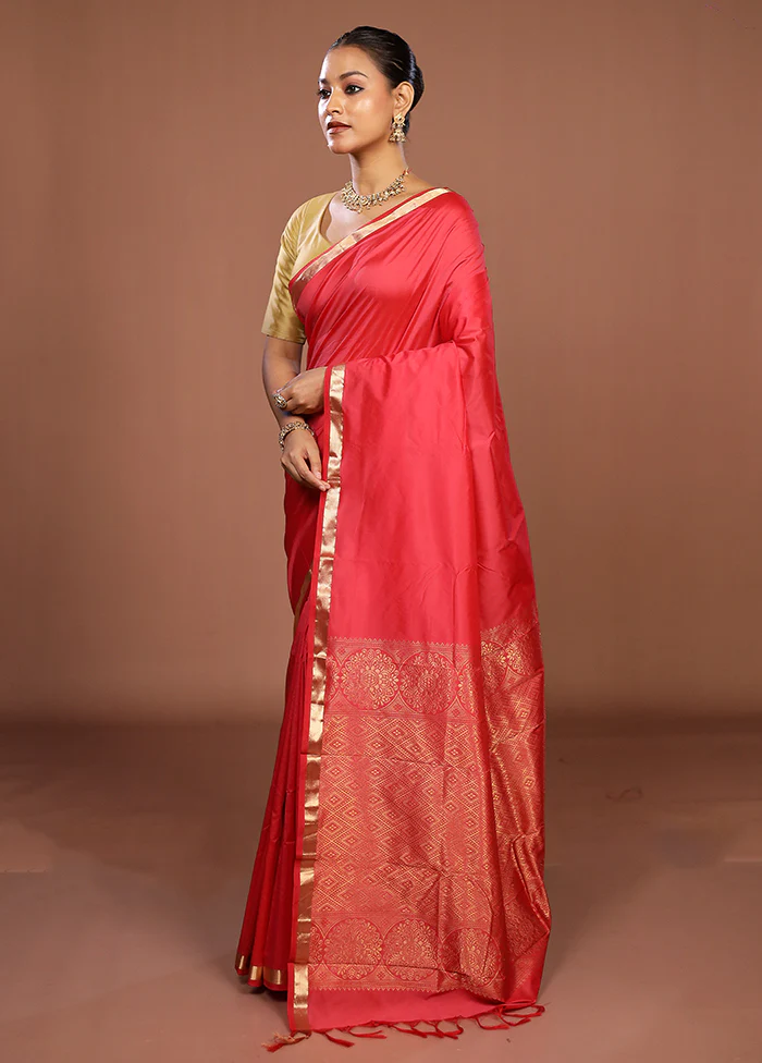 Pink Kanjivaram Silk Saree With Blouse Piece - Image 4