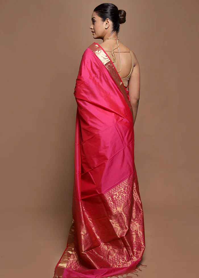 Pink Kanjivaram Silk Saree With Blouse Piece - Image 3