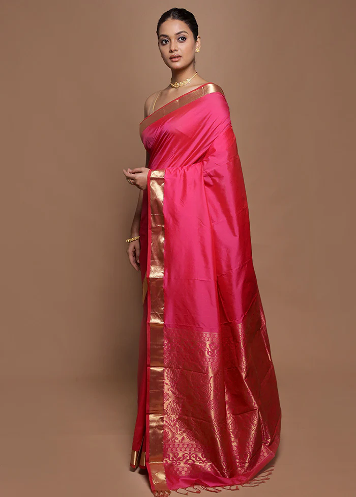 Pink Kanjivaram Silk Saree With Blouse Piece - Image 4