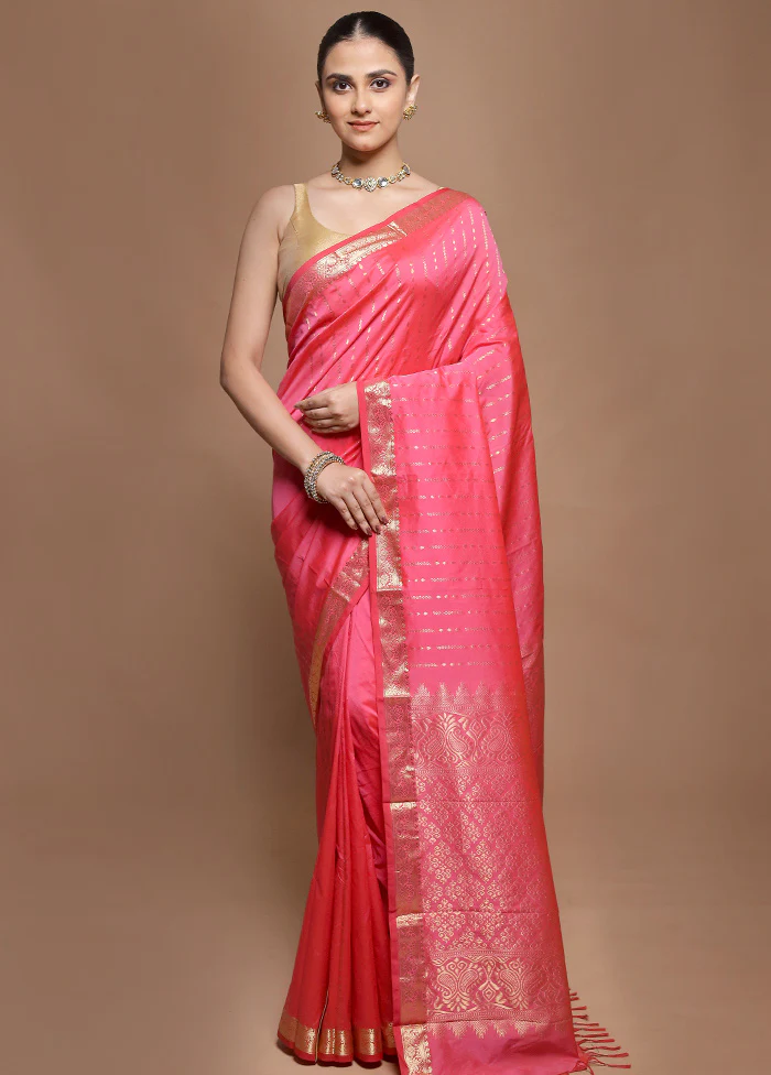 Pink Kanjivaram Silk Saree With Blouse Piece
