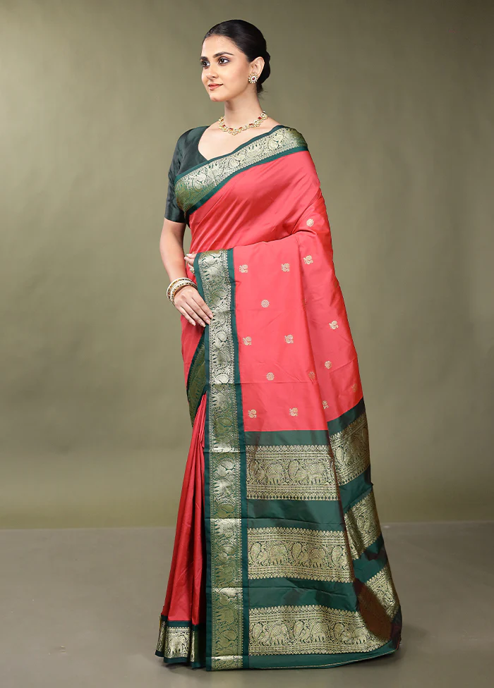 Pink Kanjivaram Silk Saree With Blouse Piece - Image 4