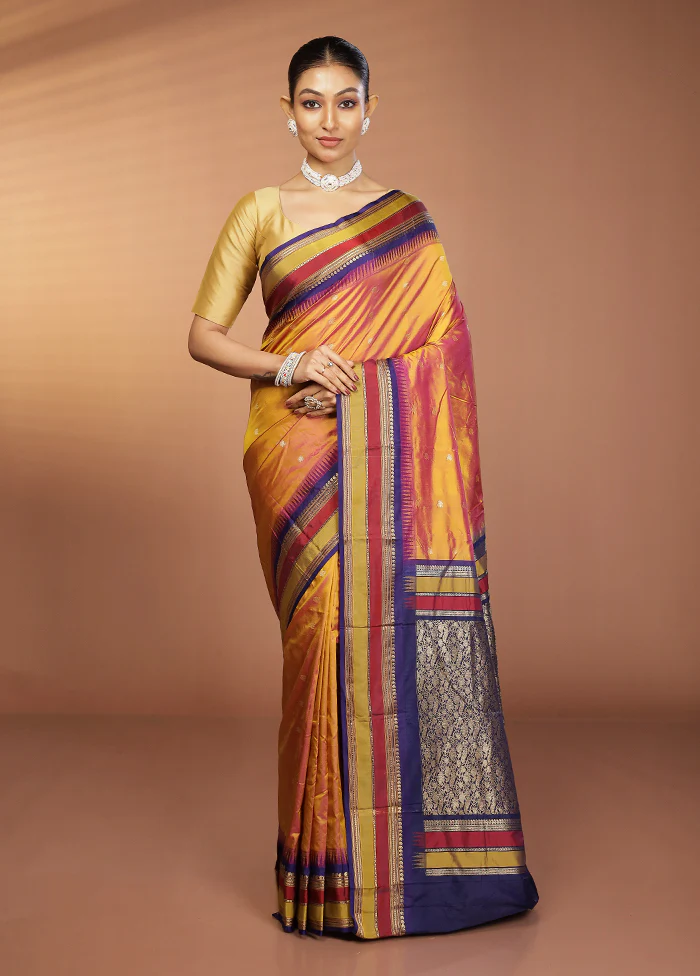 Yellow Kanjivaram Silk Saree With Blouse Piece - Image 2