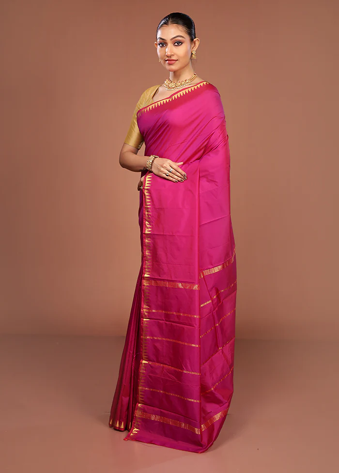 Pink Kanjivaram Silk Saree With Blouse Piece - Image 4