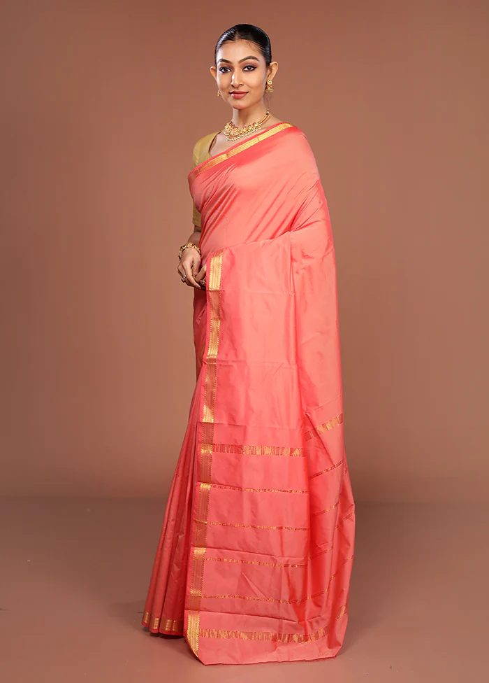 Pink Kanjivaram Silk Saree With Blouse Piece - Image 4