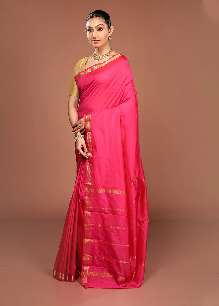 Pink Kanjivaram Silk Saree With Blouse Piece - Image 4