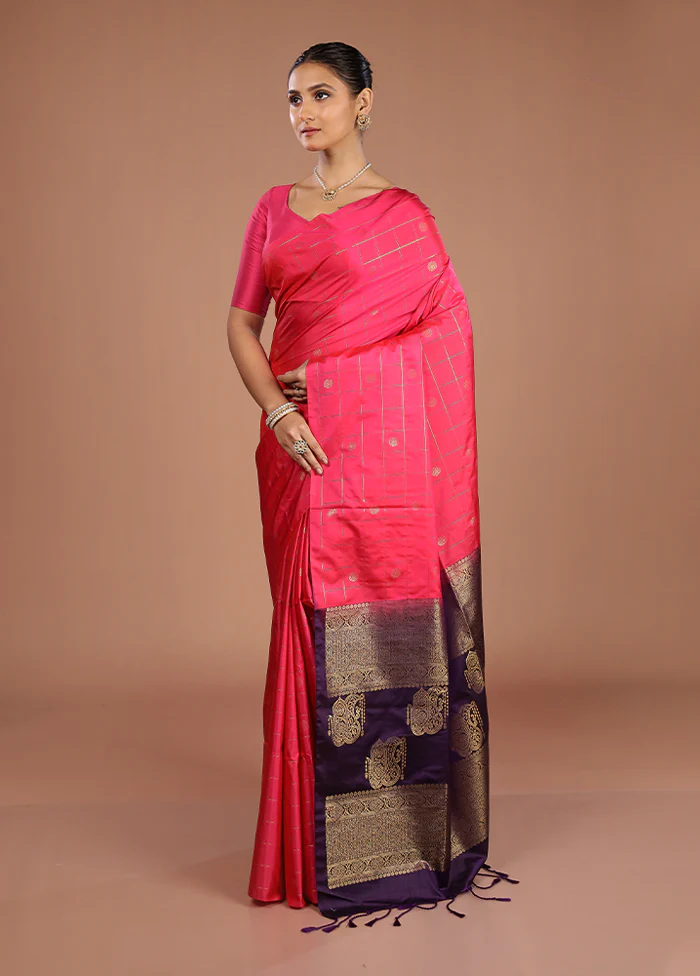 Pink Kanjivaram Silk Saree With Blouse Piece - Image 4