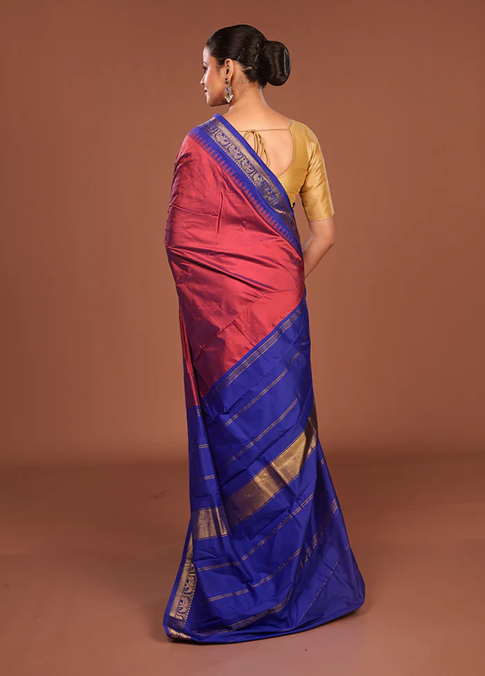 Pink Kanjivaram Silk Saree With Blouse Piece - Image 3