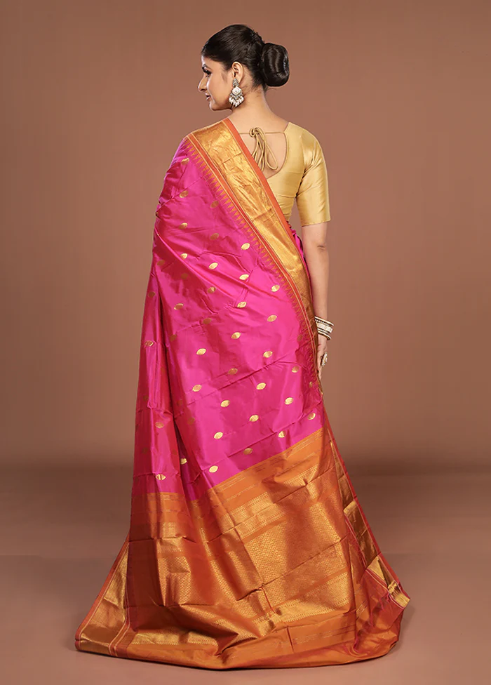 Pink Kanjivaram Silk Saree With Blouse Piece - Image 3